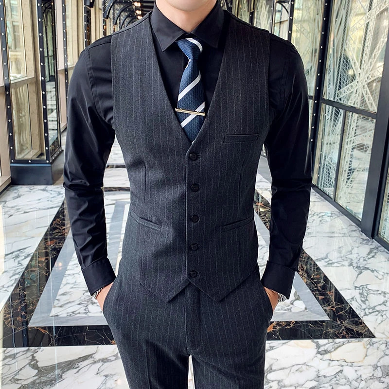 条纹西装马甲男士正装西服男内搭马夹英伦休闲礼婚装男士潮牌