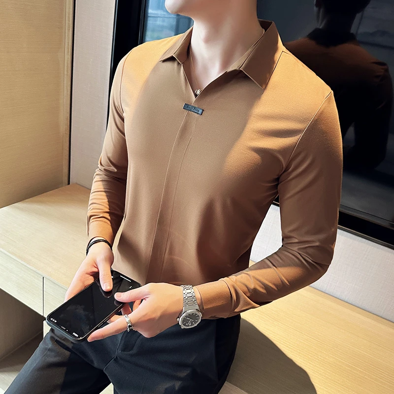 高弹性感秋季V领长袖POLO衫男高级感冰丝无痕翻领修身青年上衣