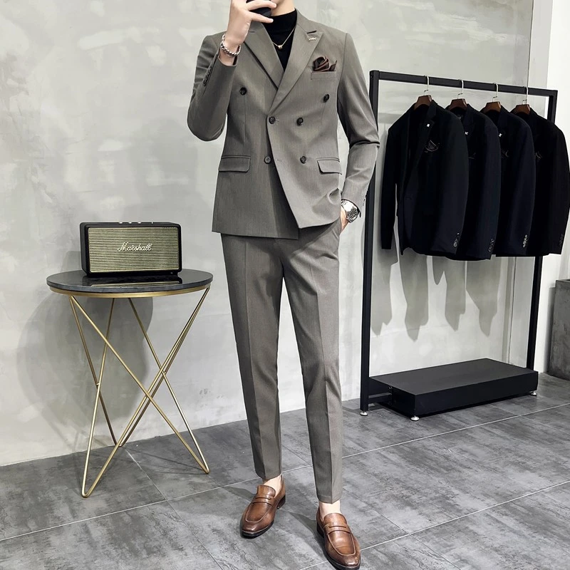 双排扣西装男款条纹修身高端男士西服新郎结婚正装商务高级感