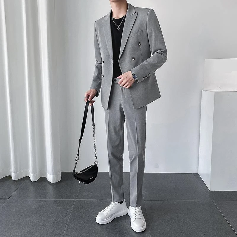 轻熟风双排扣西服男痞帅高级感青年休闲西装外套韩版修身秋装