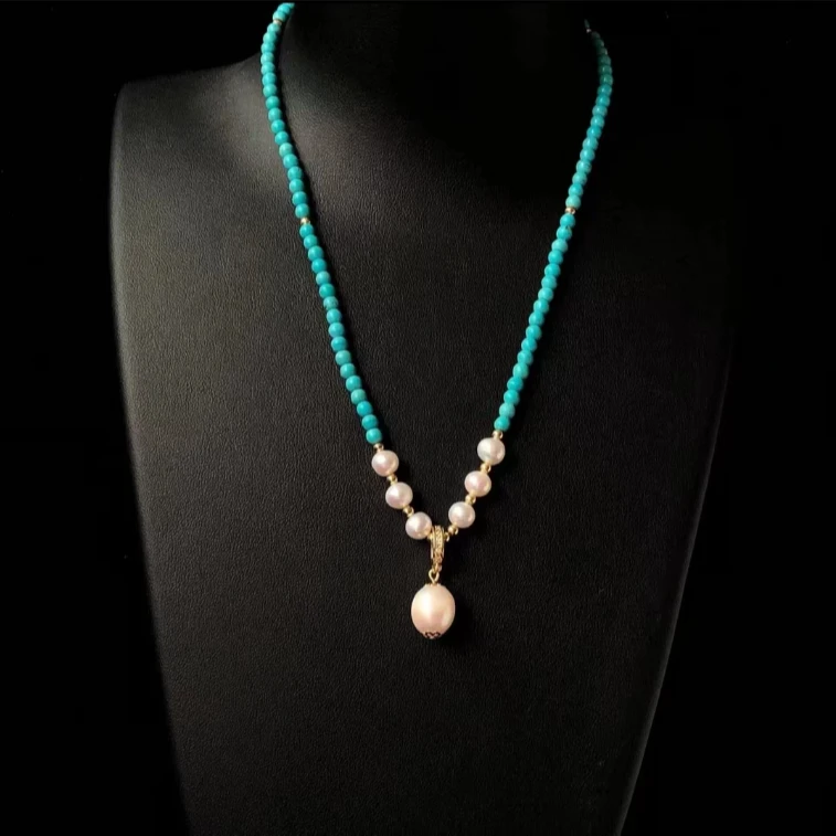 天然淡水珍珠项链锁骨链松石手工串珠浅蓝色