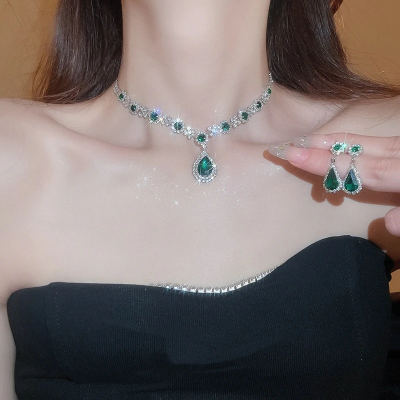 超闪水滴吊坠项链套装欧美轻奢风时尚锁骨链