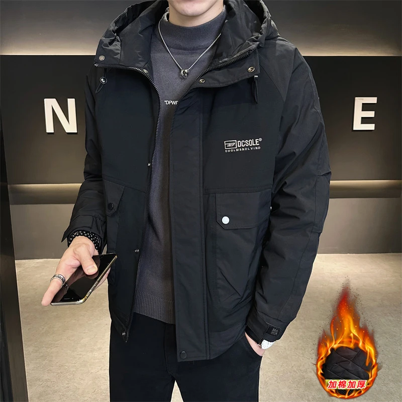 秋冬季二棉男装连帽外套男士2023新款爆款加厚工装夹克加棉绒棉服