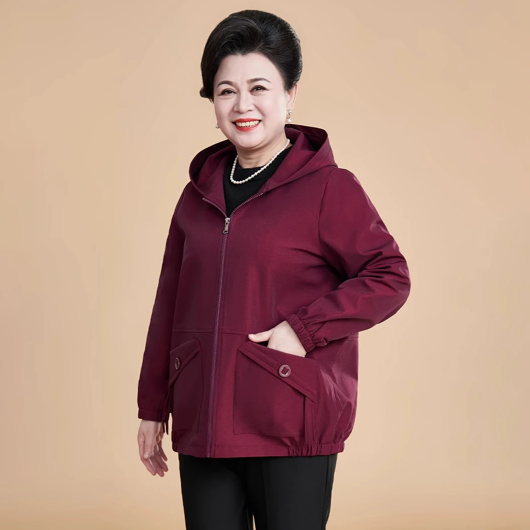 妈妈春款大码风衣中老年女装宽松休闲开春夹克连帽拉链春秋新款