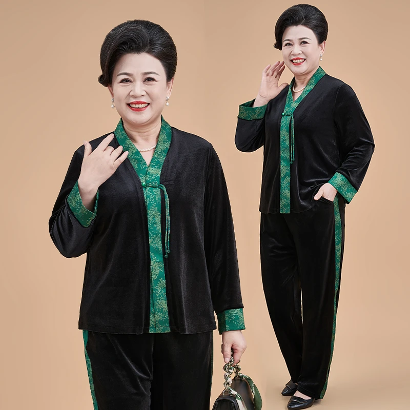 春秋新中式时尚盘扣设计拼接两件套高贵母亲衣服复古大码妈妈装女