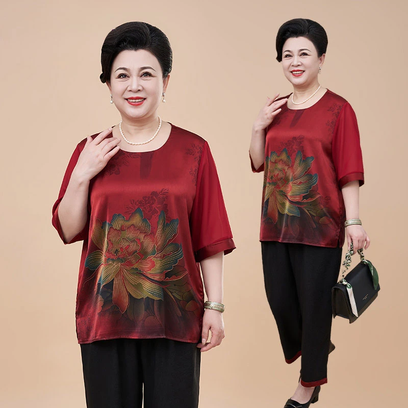 高贵母亲衣服夏季新中式印花圆领短袖上衣两件套妈妈国风套装女装