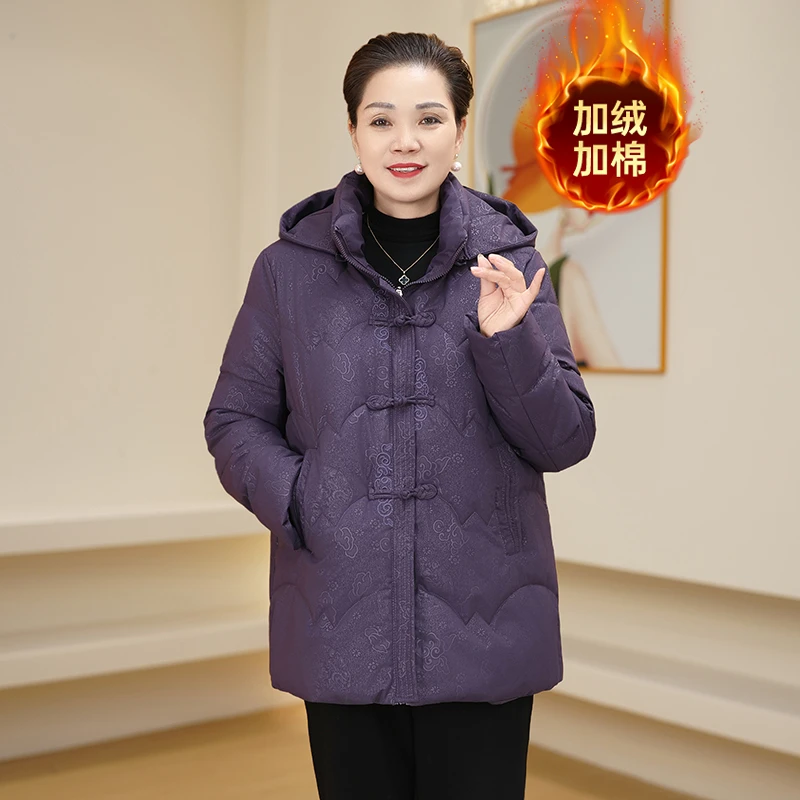 中老年秋款女装妈妈装新中式棉袄连帽拉链印花棉衣双口袋加绒棉服
