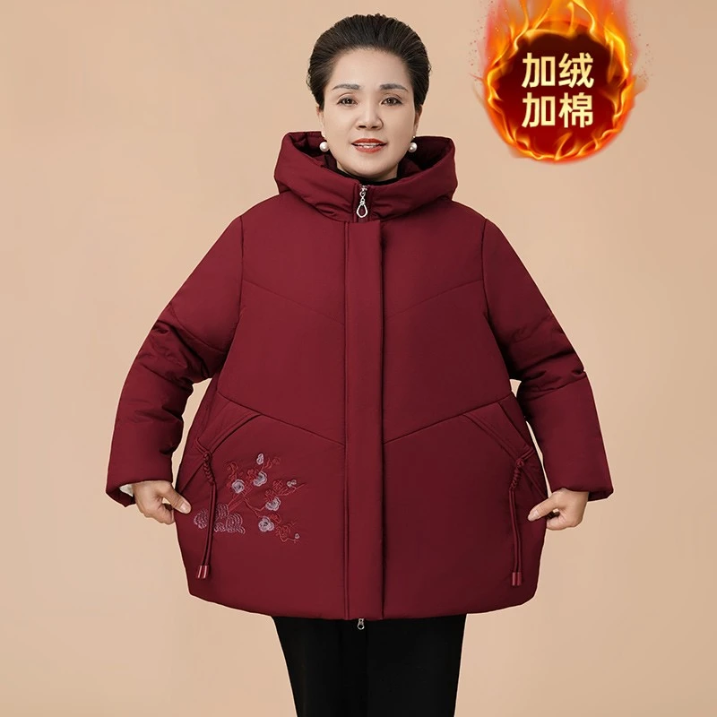 母亲衣服秋冬季新中式棉衣刺绣流苏连帽款棉袄加绒棉服妈妈装女装