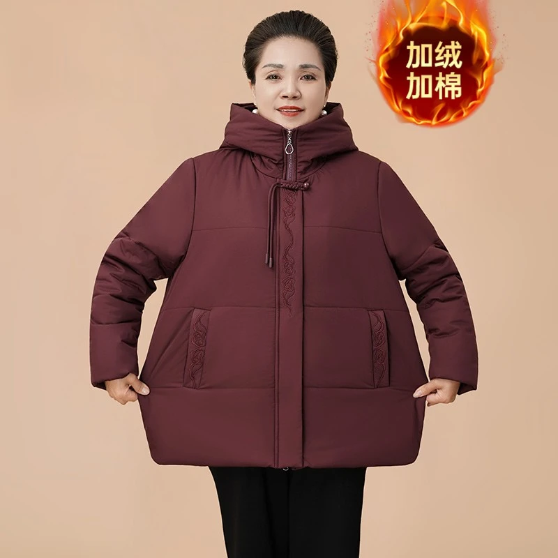 秋冬中老年女装妈妈装新中式棉衣拉链款刺绣拼接棉袄加绒棉服外套