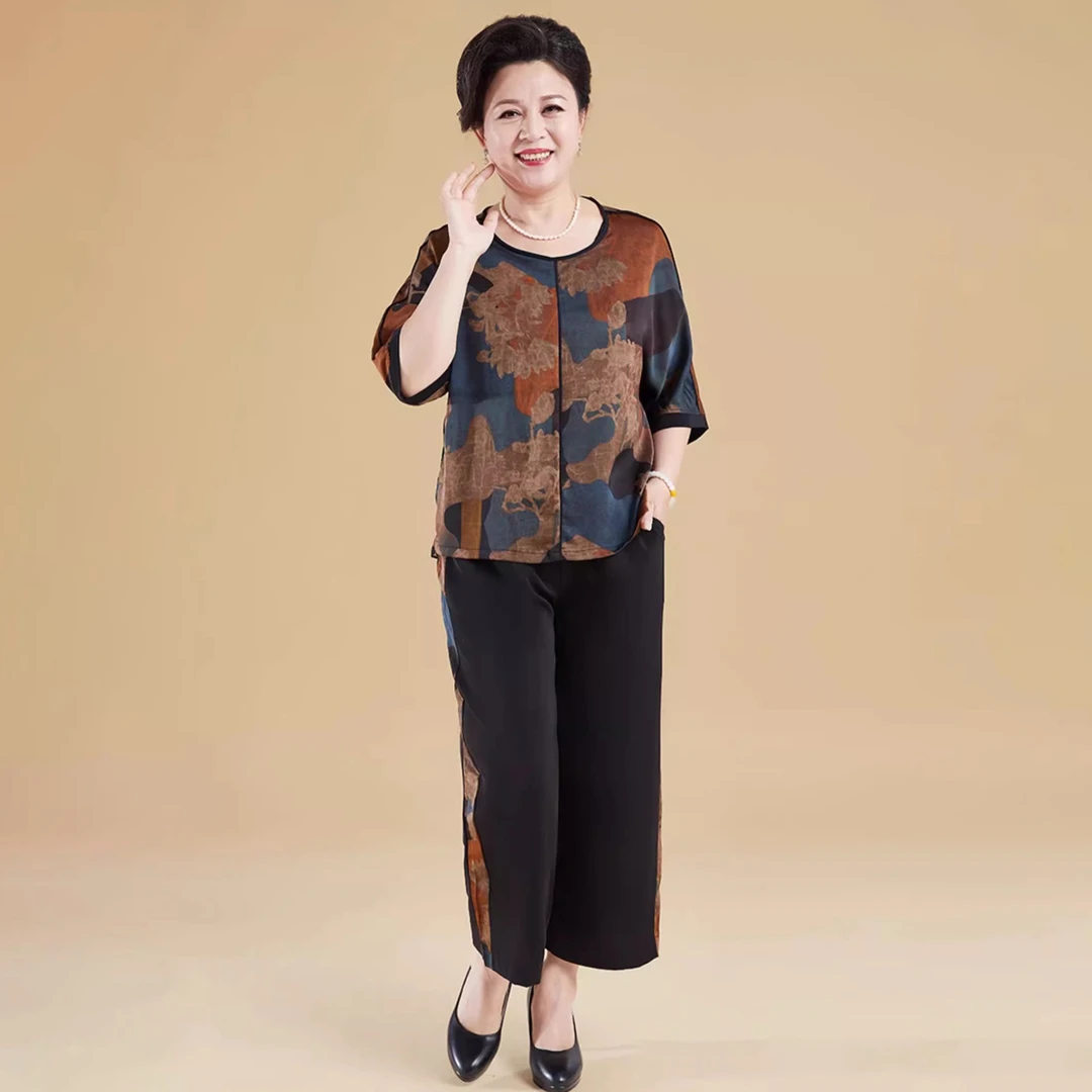 夏季洋气妈妈装中老年人女装妈妈装新中式贵气高档大码短袖两件套