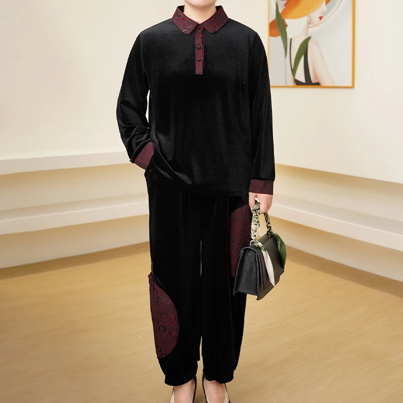 春秋新中式洋气母亲衣服时尚polo领三粒扣上衣两件套金丝绒套装女