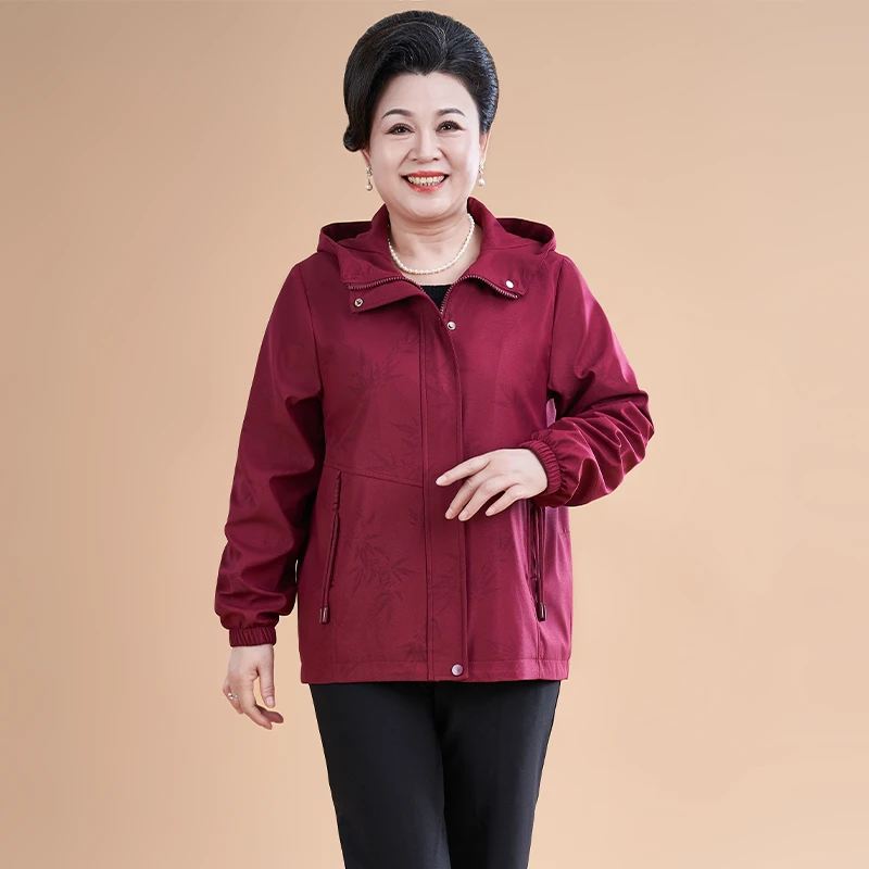 高贵母亲衣服春秋新中式时尚印花连帽拉链款外套中老年女装妈妈装