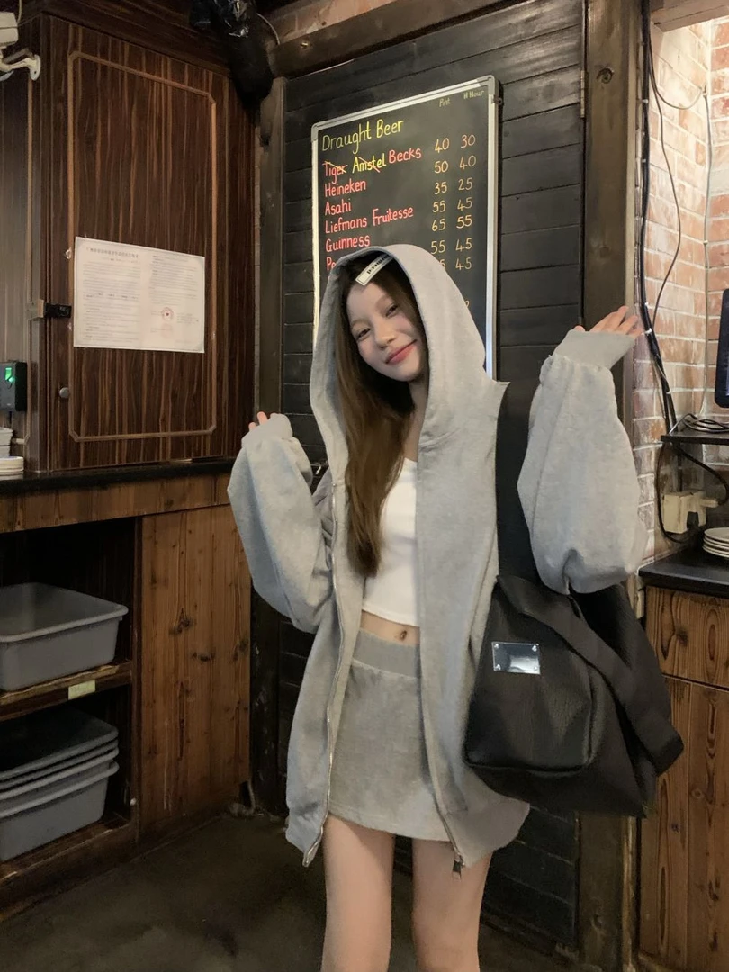 2024春秋连帽卫衣外套高腰包臀半身裙两件套慵懒风女休闲宽松灰色