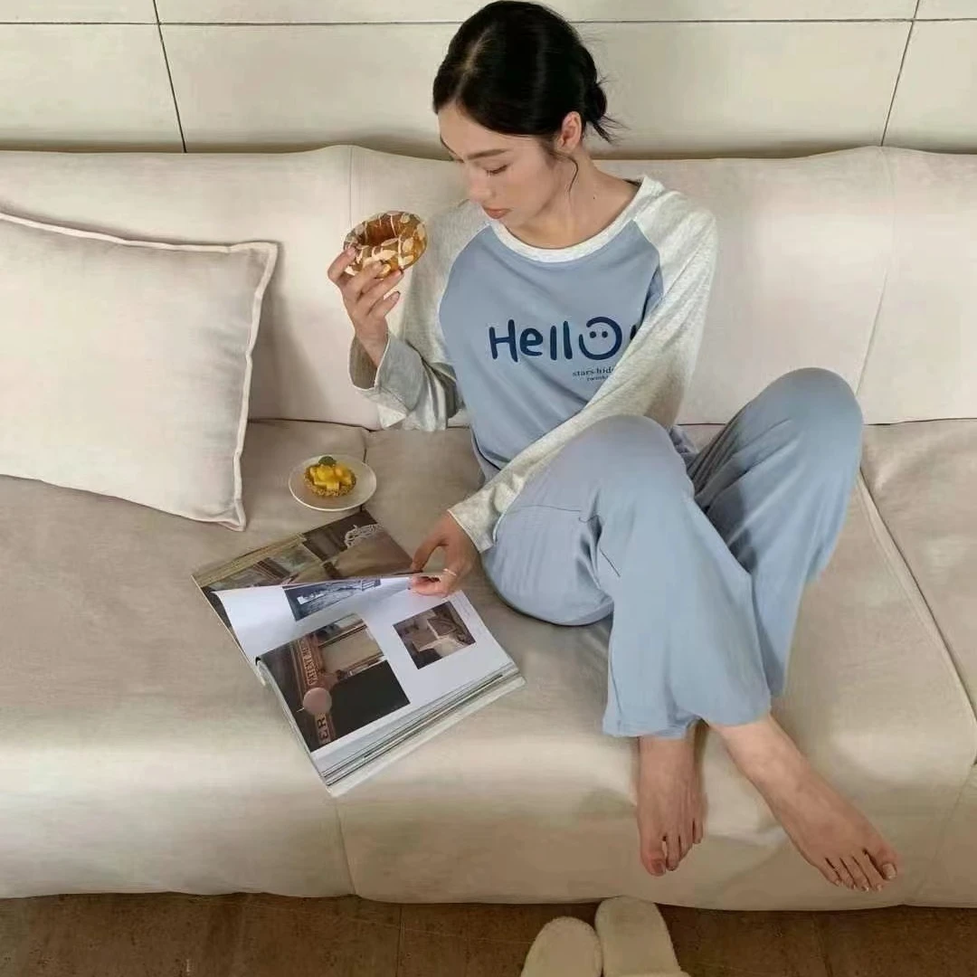 韩社秋季舒适家居服睡衣长袖时尚休闲圆领撞色笑脸套装