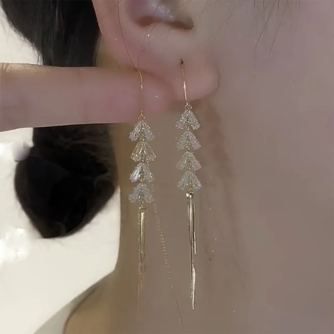 合金合成锆石耳饰 2025年新款麦穗流苏耳环 轻奢简约长款树叶耳饰