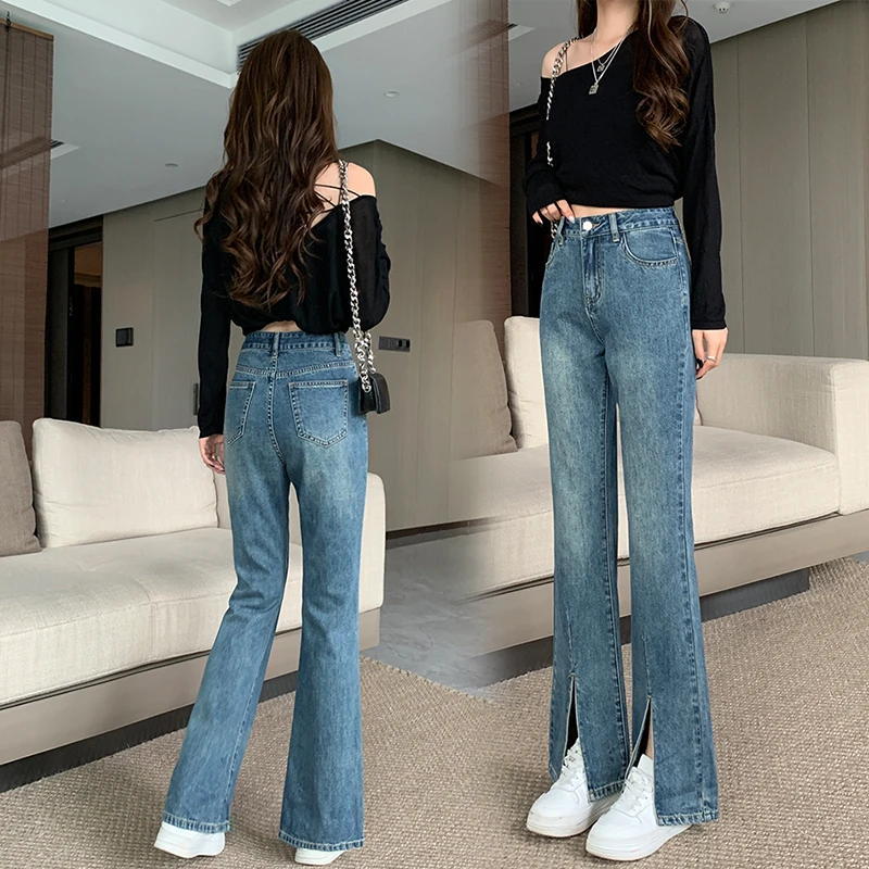 开叉牛仔裤女春秋季2024新款高腰宽松显瘦时尚小个子微喇叭牛仔裤