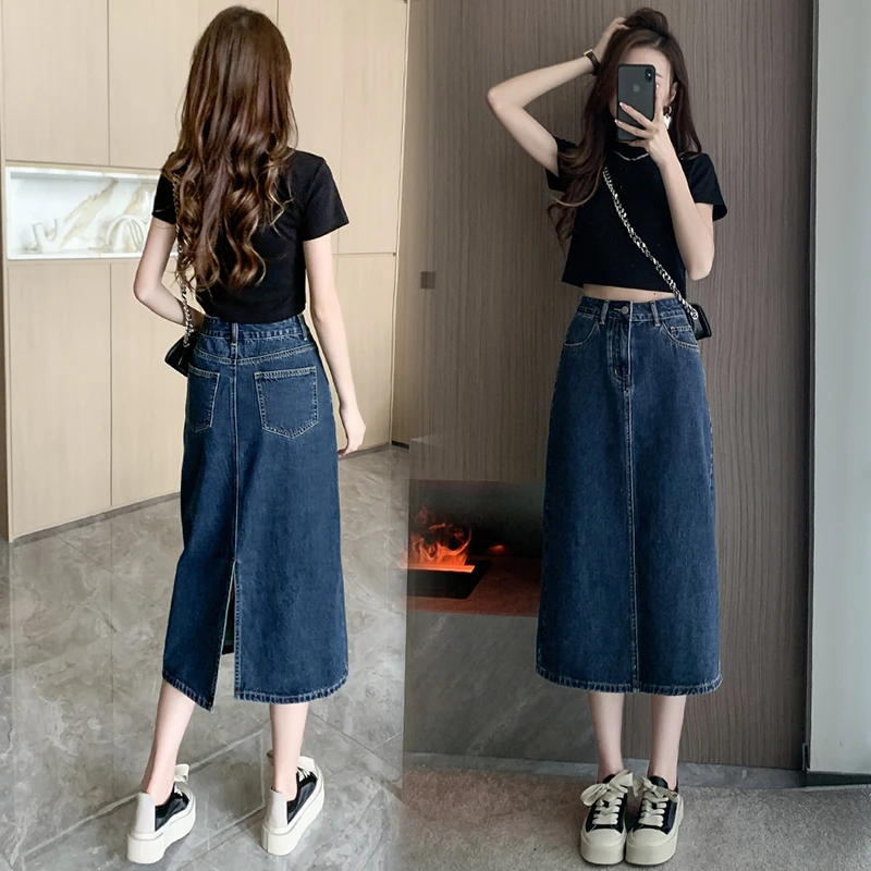 欧若风高腰开叉牛仔半身裙女新款春中长款遮胯a字小个子包臀裙