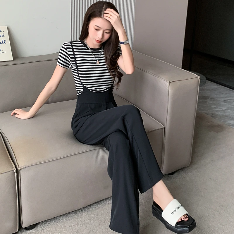 黑色阔腿西装背带裤女夏季2024年新款小个子连体吊带休闲时尚裤子