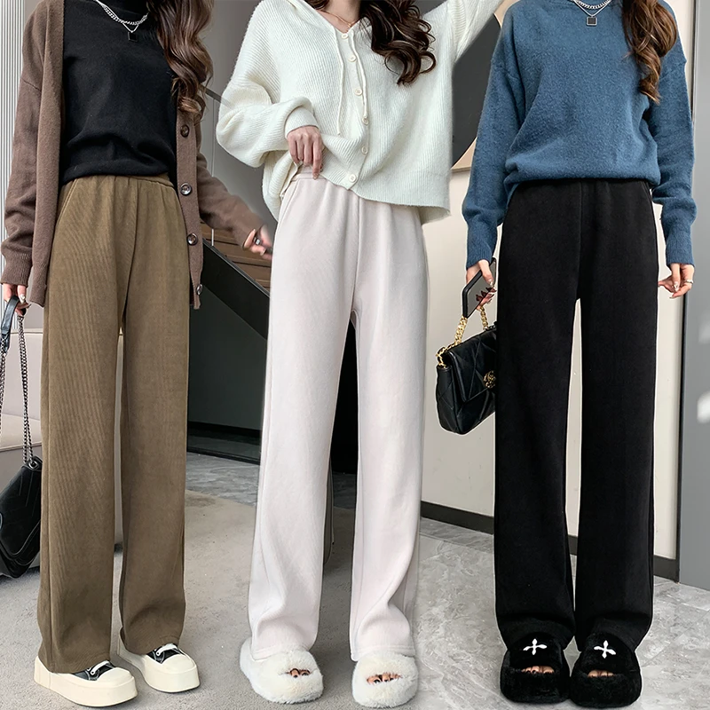欧棉绒小个子拖地裤新款阔腿裤女高腰直筒显瘦休闲裤垂感直筒裤