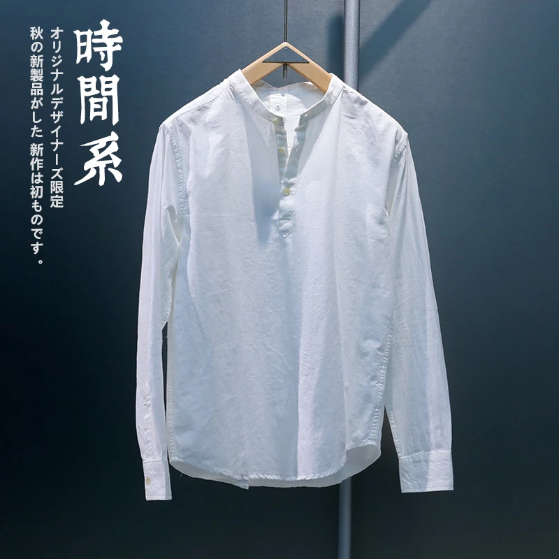 新中式小立领长袖衬衫男套头半开襟2025春秋简约纯色休闲衬衣