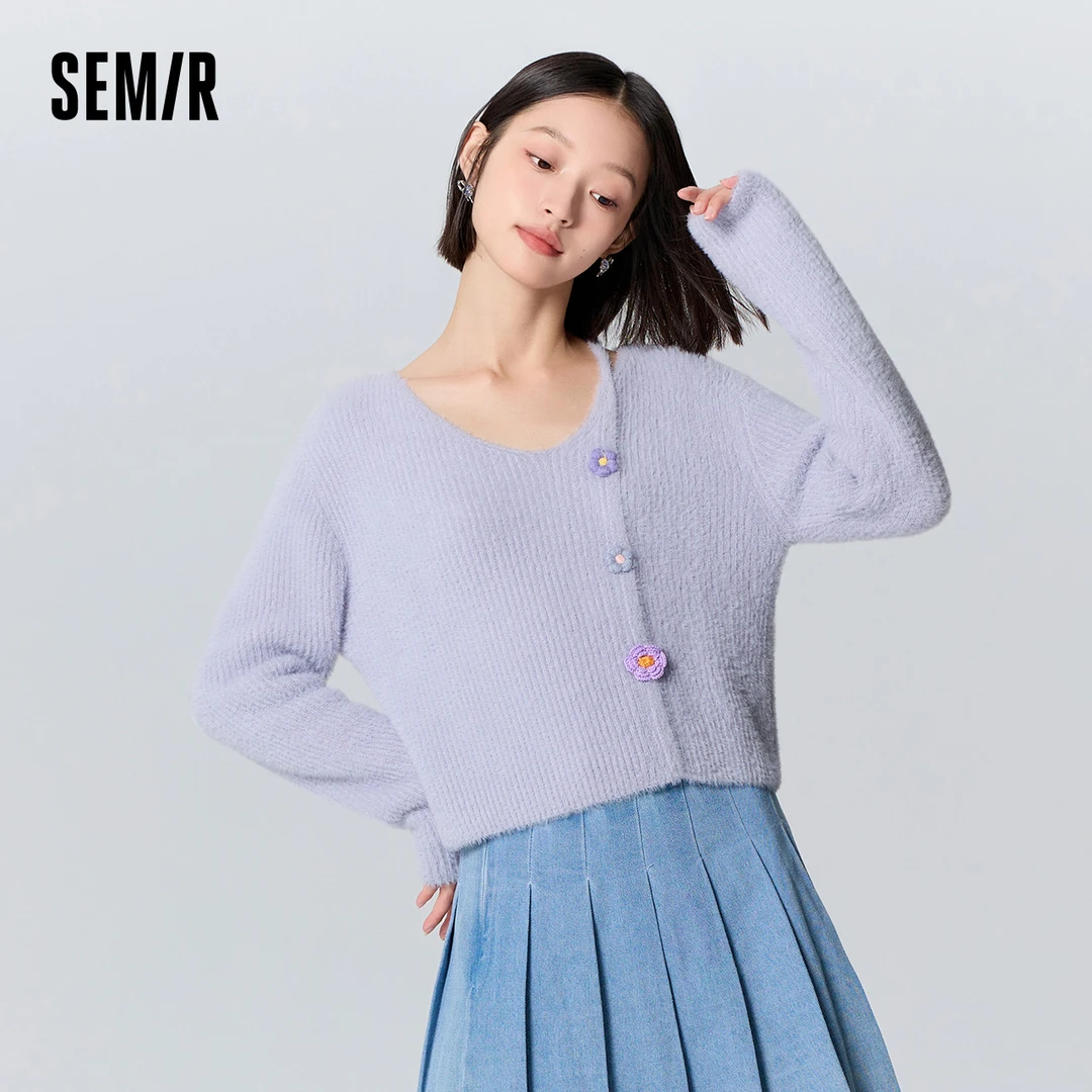 森马毛衣女短款花朵少女感冬季新款小性感V领毛衫甜美小心机