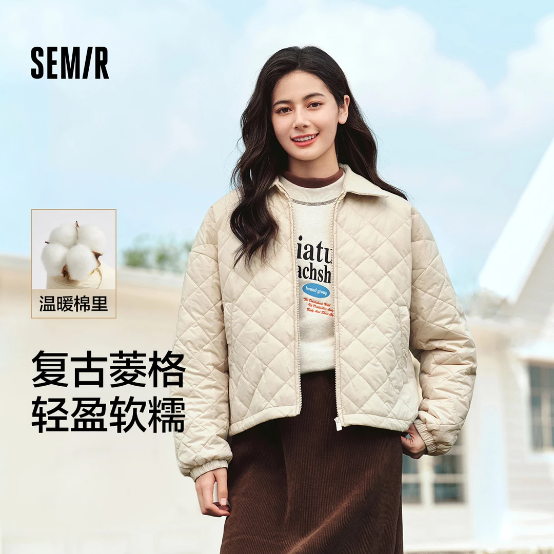 【三防】森马棉服女灯芯绒翻领菱形格复古2024冬新款宽松轻薄棉衣