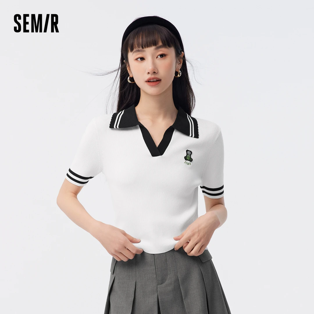 森马针织衫女短款紧身刺绣套头衫气质夏季撞色polo领毛衫女生潮流
