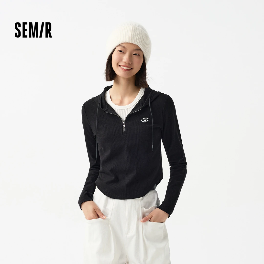 森马长袖T恤女短款紧身衣服小个子百搭气质春季潮流连帽上衣休闲