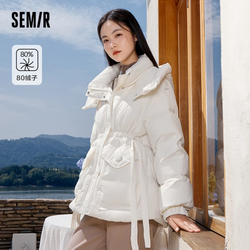 森马羽绒服女中长款宽松连帽收腰冬季新款纯色上衣甜美风