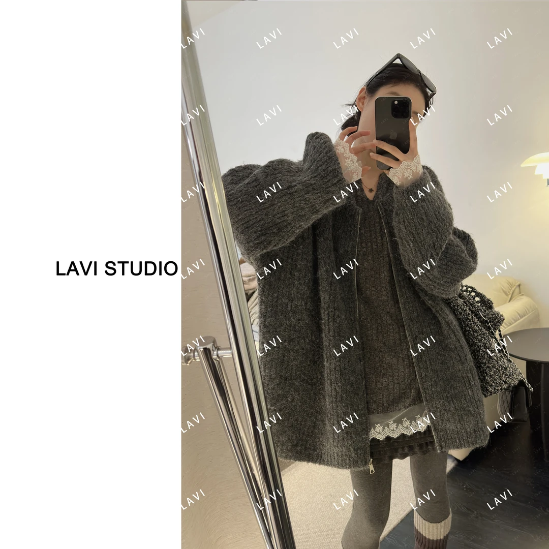 风穿过的林荫小道 时尚休闲长袖圆领百搭拉链毛衣毛针织衫C8050