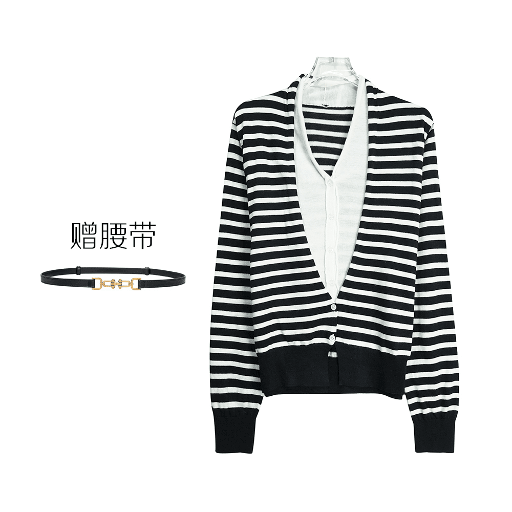 HY6206【上新】气质假两件V领法式长袖短款上衣(送腰带)