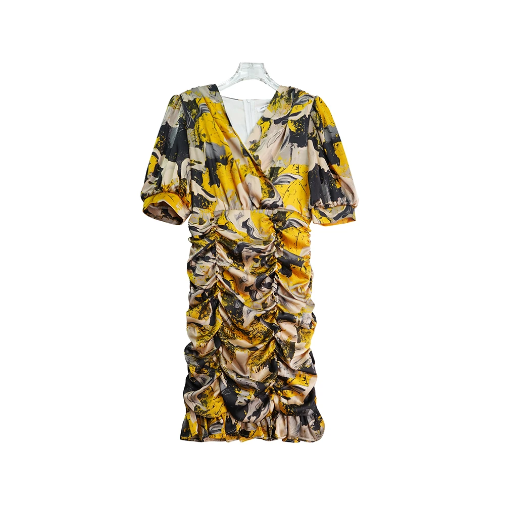 X3226【上新】时尚高端碎花轻熟风气质女人味黄色V领连衣裙