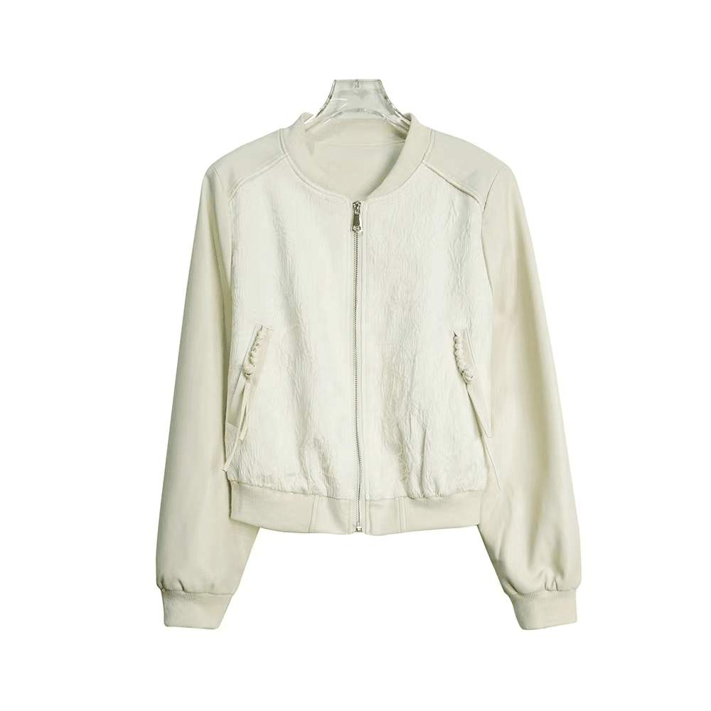 X2643【春上新】时尚气质短款杏色立体浮雕肌理面料拼接PU外套4C