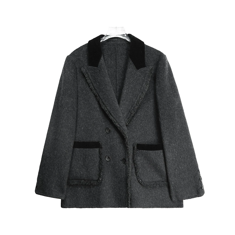 DY6302【新款】韩版拼色毛边小香风大衣女双排扣西装领短款外套3D