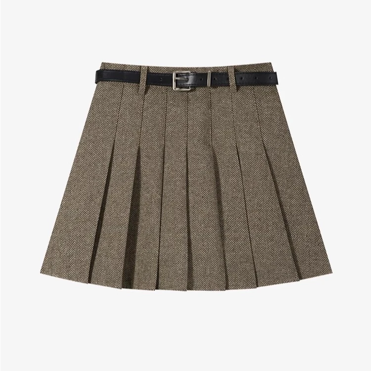 羊城故事-学院风高腰显瘦百褶半身裙秋冬毛呢短裙防走光A字裙186