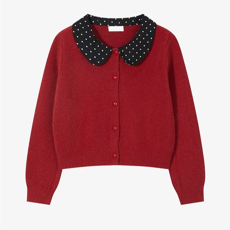 羊城故事-韩系Polo领波点撞色针织衫长袖毛衣秋冬甜美上衣9571