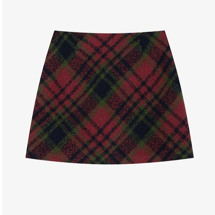 羊城故事-复古红色格子毛呢半身裙秋冬高腰休闲A字短裙Y41247006