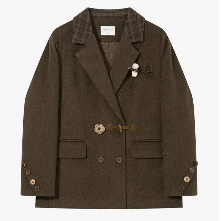 羊城故事-复古纽扣毛呢咖色宽松夹棉双排牛角扣西装外套Y41246961