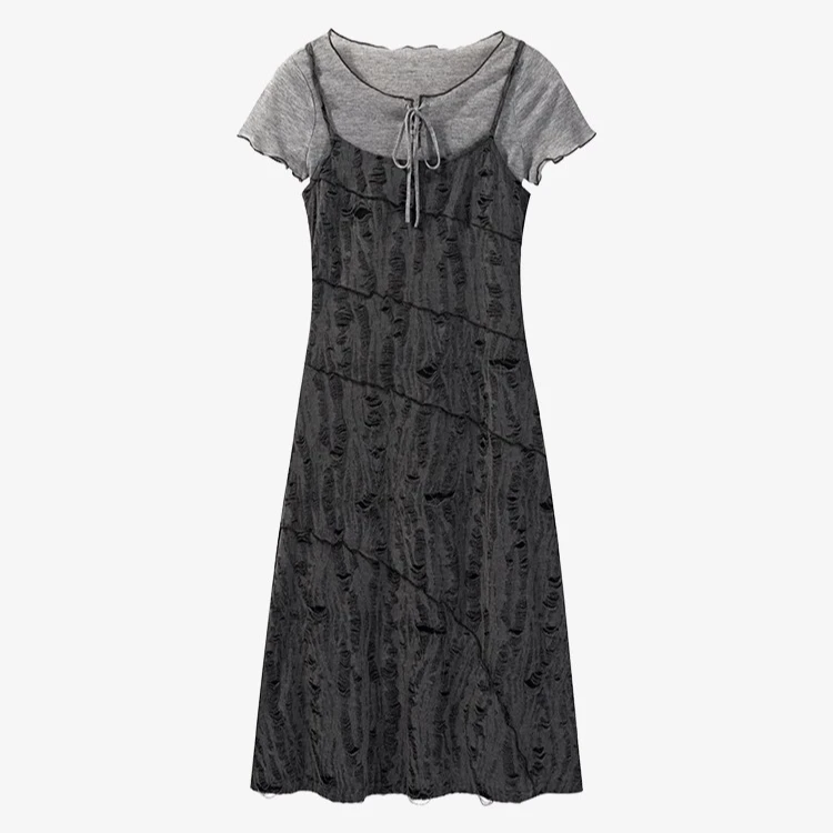 【现现】文艺风夏季吊带连衣裙搭配灰色短袖两件套套装Y40541416