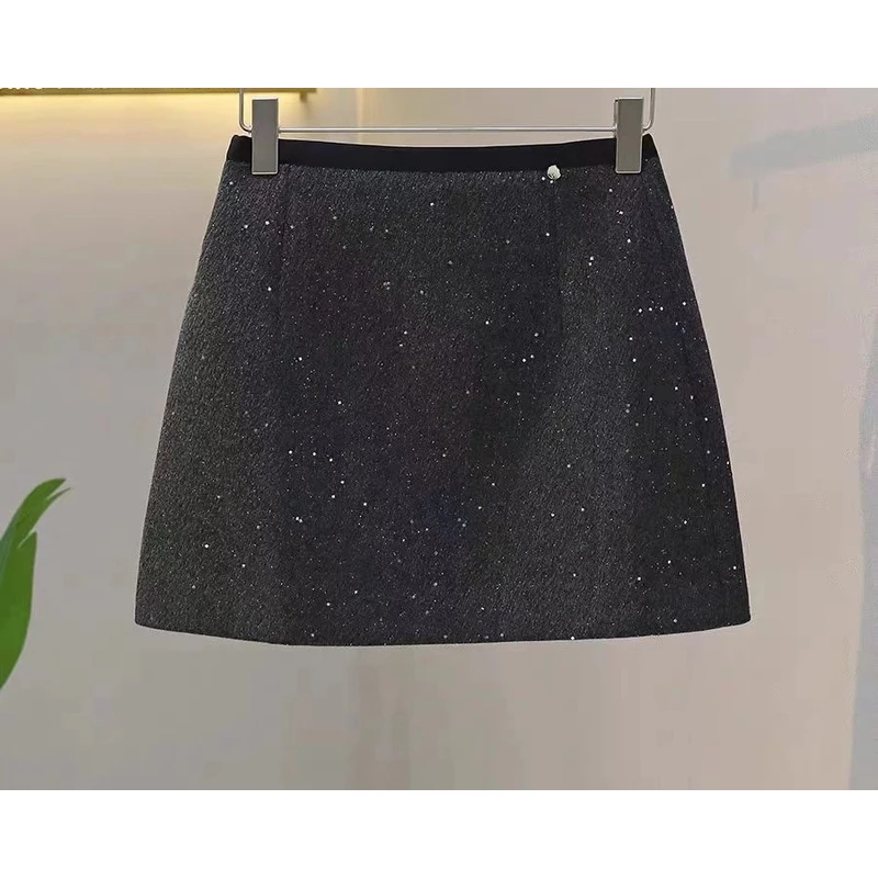 韩系高级感拼色亮片半身裙女秋冬新款纯欲高腰显瘦A字包臀短裙