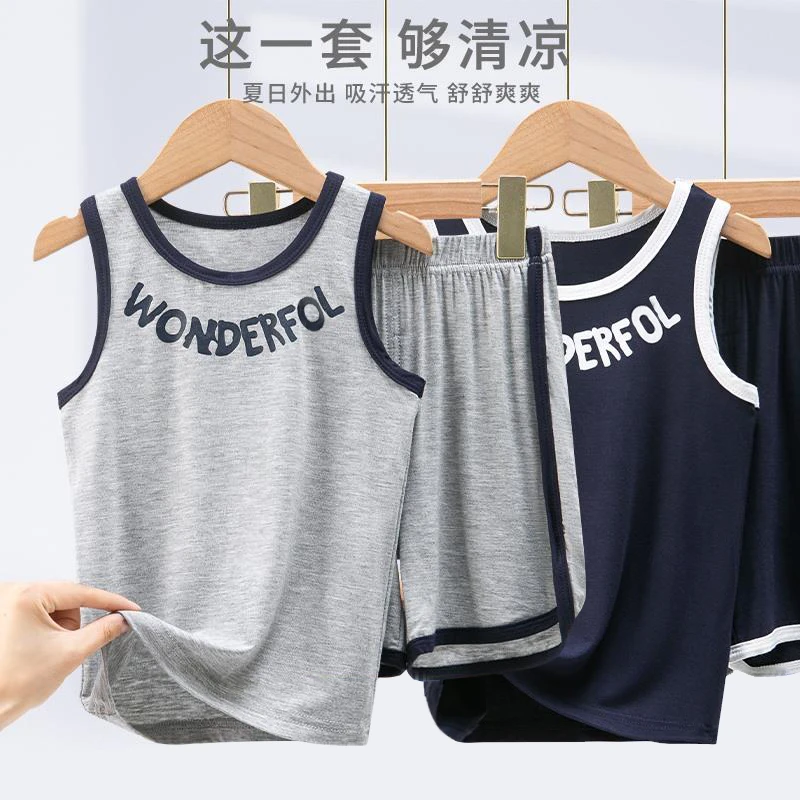 儿童睡衣莫代尔夏季薄款男童中大童家居服背心套装男孩休闲空调服