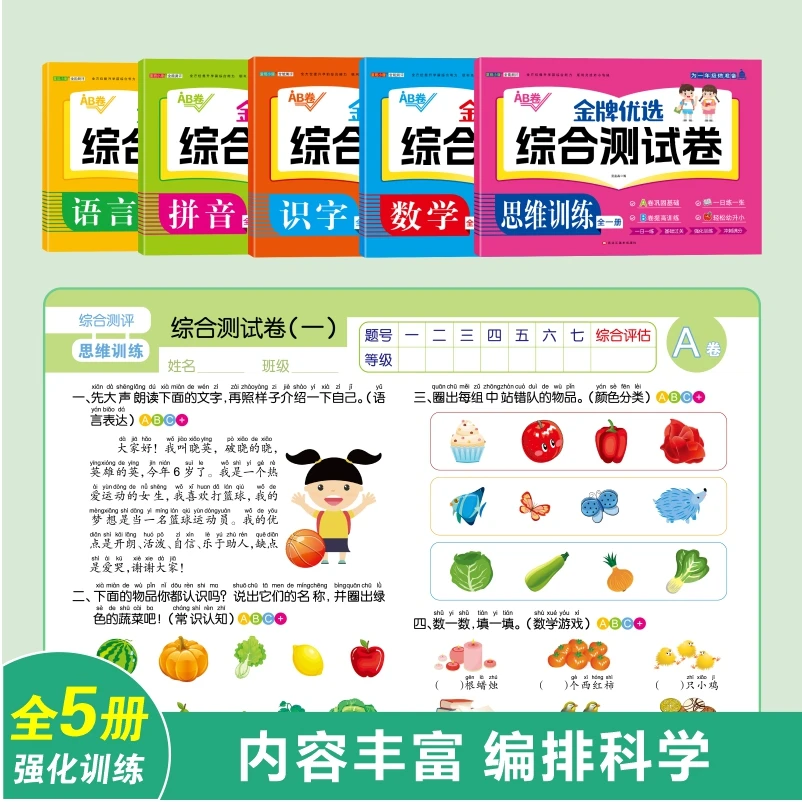 幼小衔接综合测试卷幼儿园中大班升一年级拼音数学识字强化训练书
