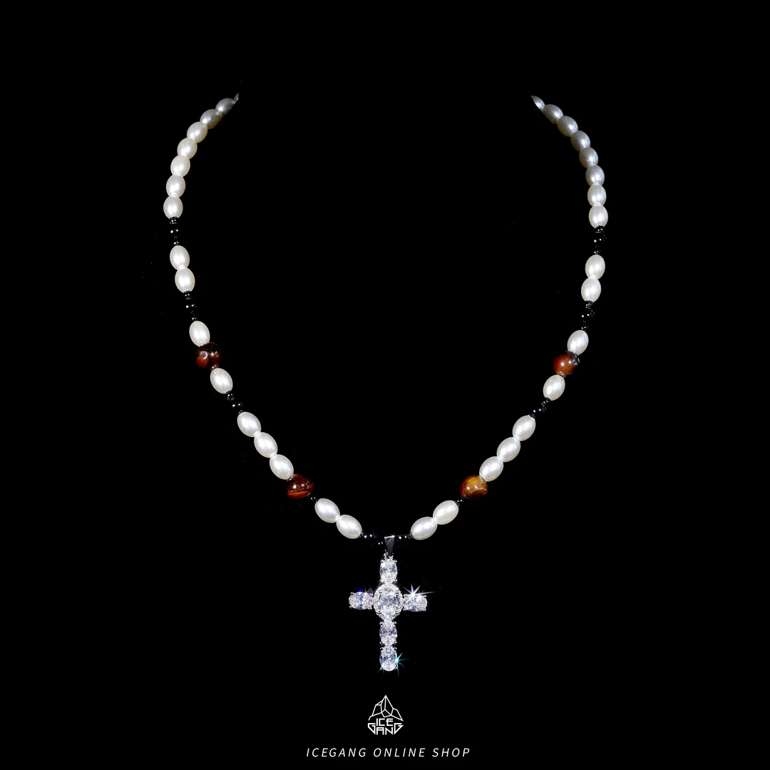 ICEGANG 铜合金仿珍珠吊坠 贝珠十字架虎眼石项链吊坠欧美嘻哈