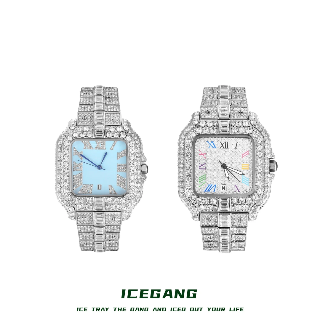 ICEGANG原创小山系列马尔代夫蓝小山满钻手表男女款百搭时尚方形