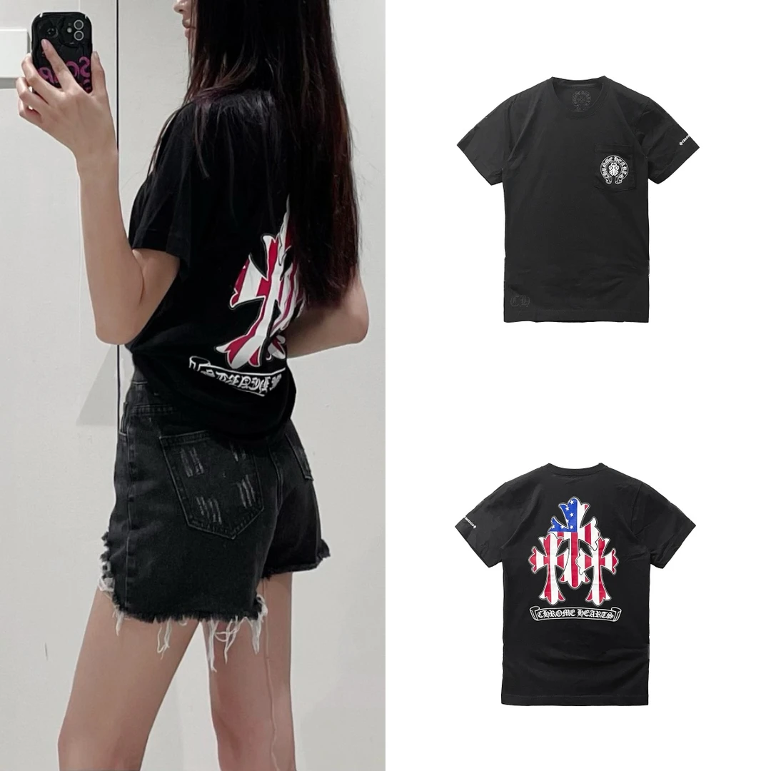 Chrome Hearts 克罗心 三十字国旗卷轴短袖 黑色 潮服