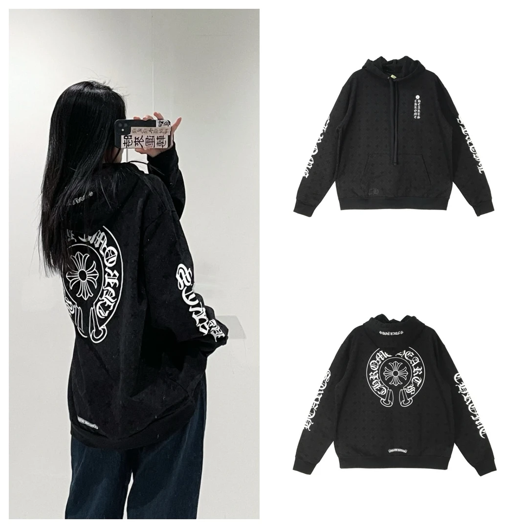 Chrome Hearts/克罗心 暗纹十字背马蹄花臂帽衫 黑色