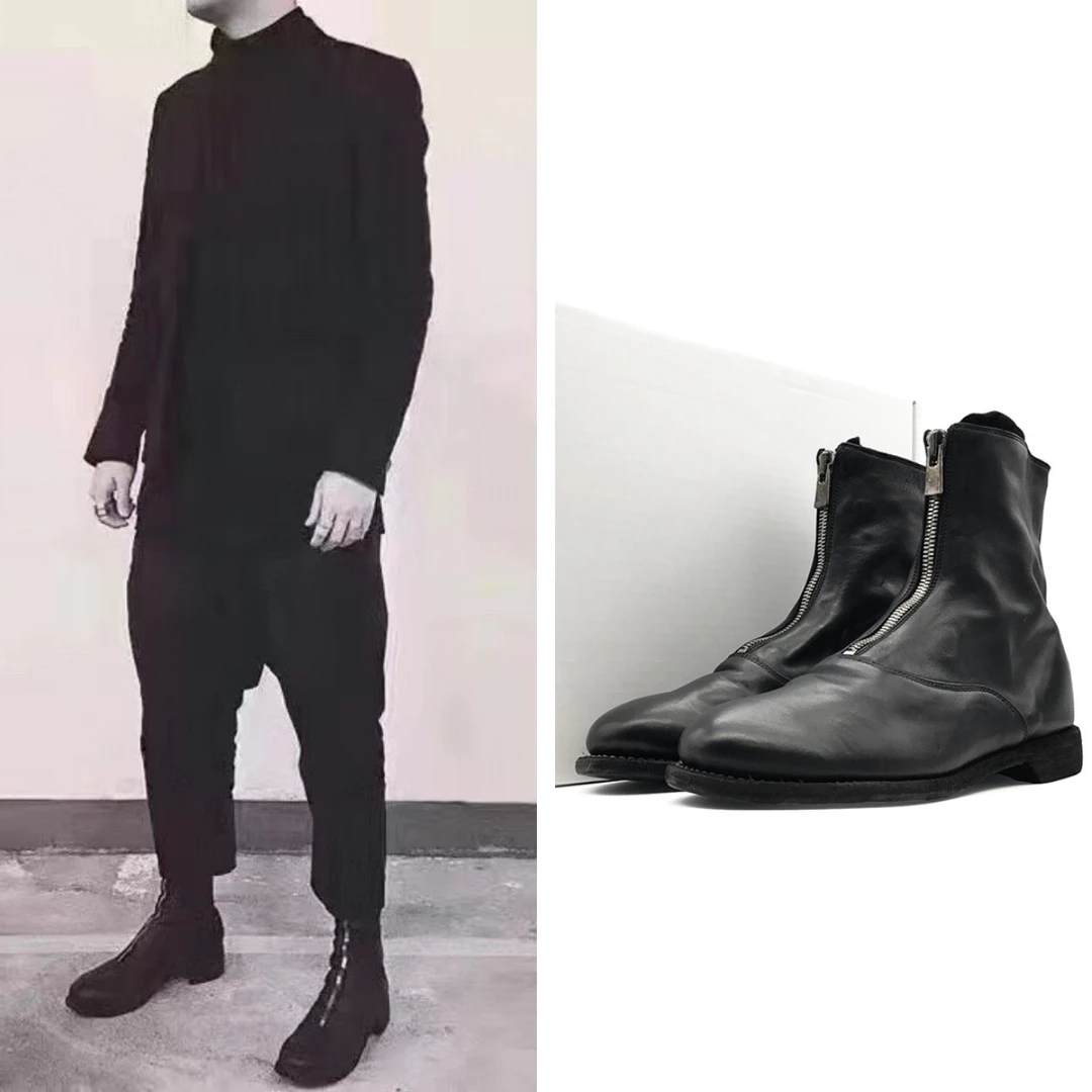 Guidi 210黑色前拉链皮靴（男款）