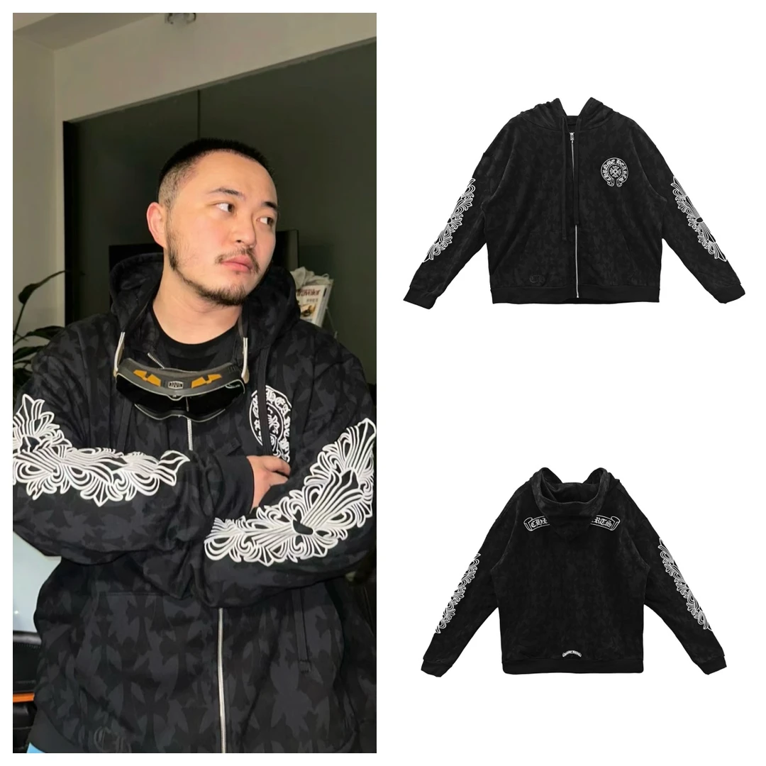 Chrome Hearts/克罗心 暗纹十字背卷轴拉链帽衫 外套 黑色