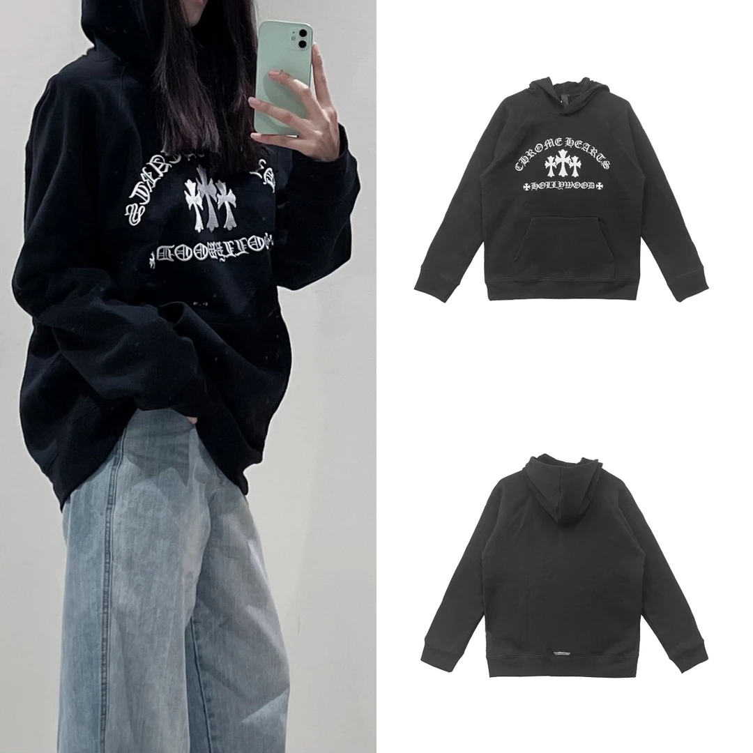 Chrome Hearts/克罗心三十字刺绣连帽卫衣 帽衫 黑色 潮服