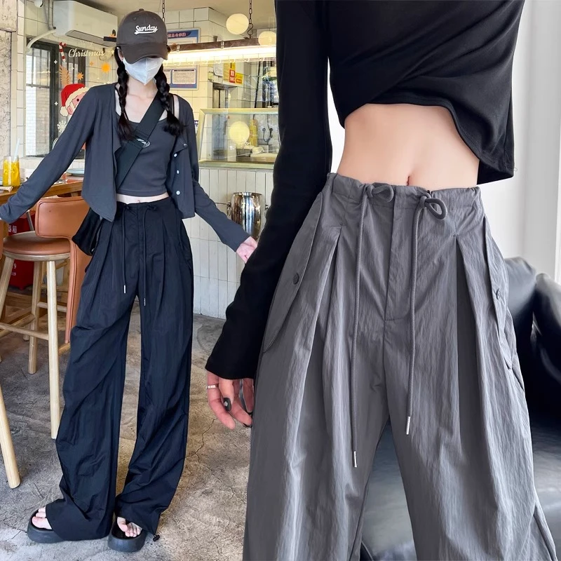 美式冰丝速干工装裤降落伞兵裤女夏季2025新款甜酷辣妹直筒运动裤